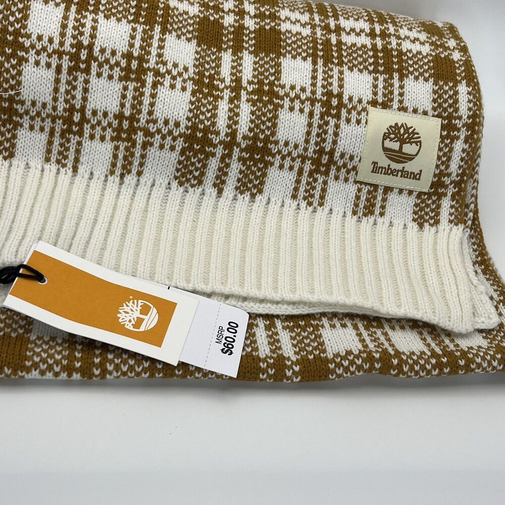 Timberland Womens Buffalo Plaid Scarf Wheat Cream 10x68 NWT $60 MSRP